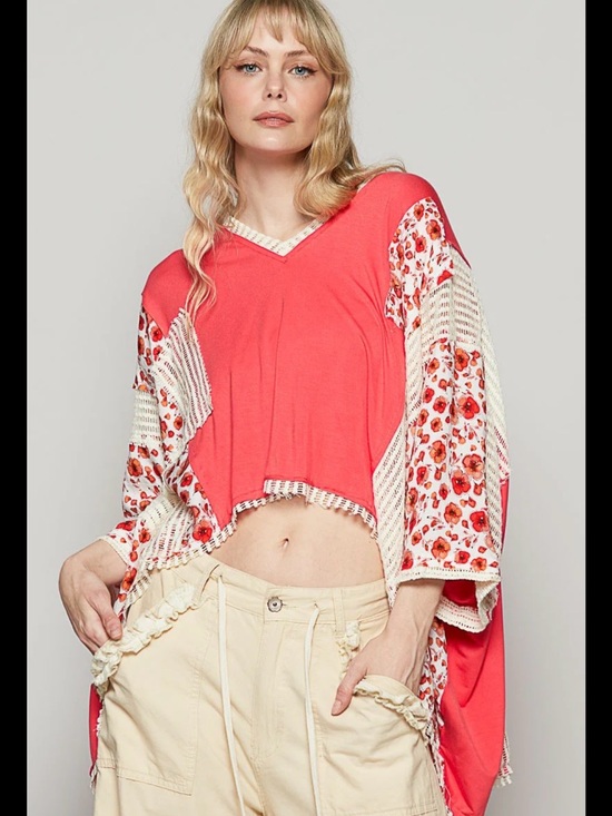 POL Tops - POL Coral V-Neck Top with Cream Crochet Trim (Box H)